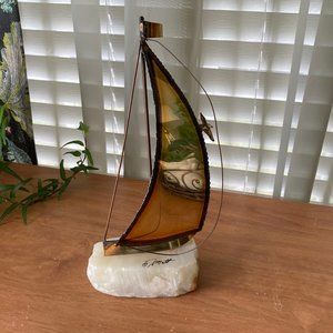 Vintage Artist Signed Brass Sculpture Sailbot Rock Base DeMott Catamaran